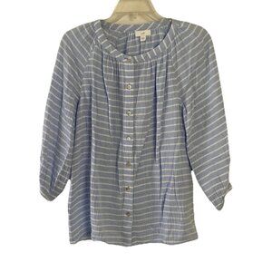J Jill Tunic Top Blue Textured Cotton Stripe Button Front 3/4 Sleeves Women XS